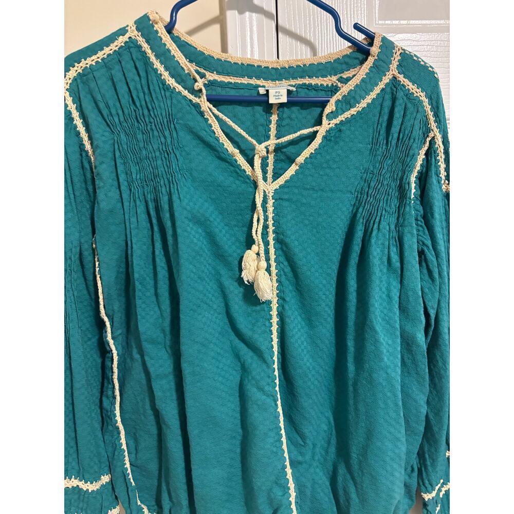 Sundance boho teal embroidered cotton top blouse